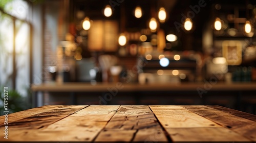 Wooden board empty table in front of blurred background. Perspective brown wood over blur in coffee shop photo