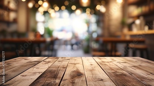 Wooden board empty table in front of blurred background. Perspective brown wood over blur in coffee shop 