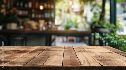 Wooden board empty table in front of blurred background. Perspective brown wood over blur in coffee shop - can be used for display or montage your products.