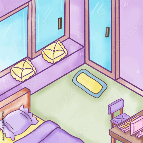 interior of a bedroom cartoon stye