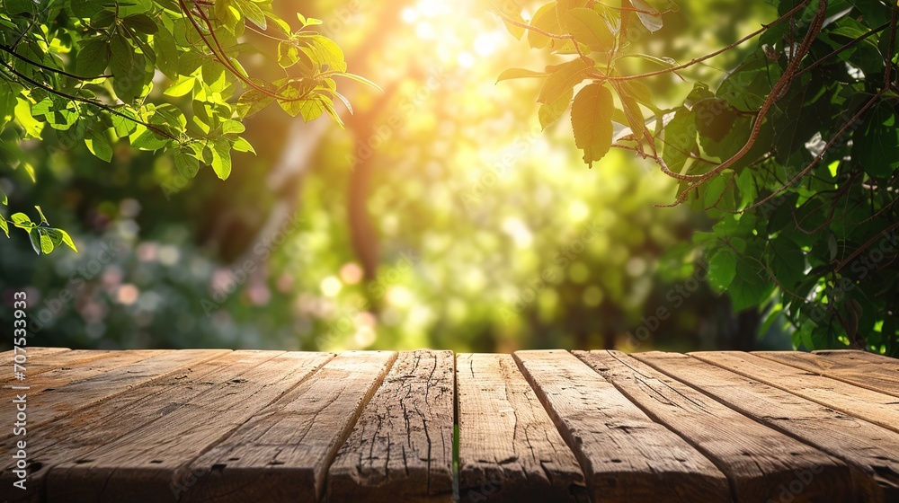 Wooden table in garden and summer time Wooden table in garden and summer time