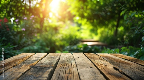 Wooden table in garden and summer time. Free space for your decoration