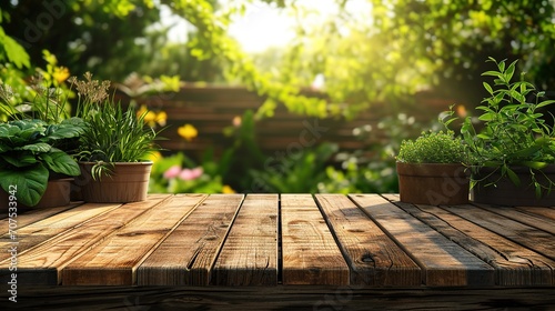 Wooden table in garden and summer time. Free space for your decoration photo