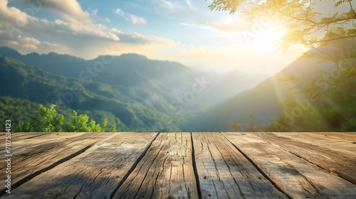 wooden table top with the mountain landscape