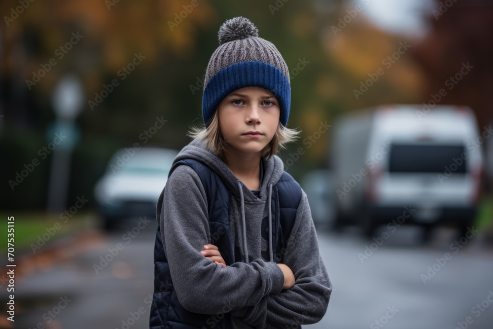 Portrait of a boy in a warm hat and sweatshirt on the street Portrait of a boy in a warm hat and sweatshirt on the street