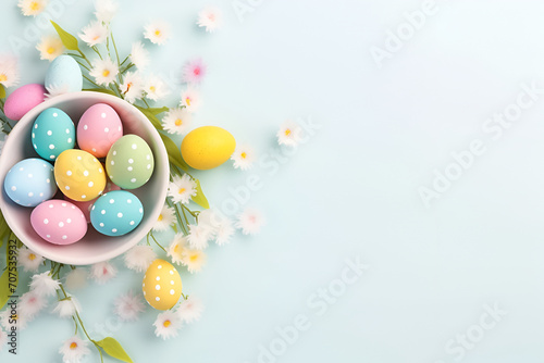 Easter Eggs and Daisies on Pastel Blue Background Assorted polka-dotted Easter eggs in a bowl with white daisies on a soft blue background. 