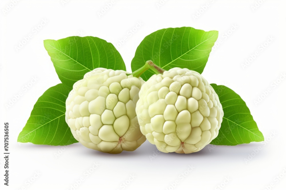 Two custard apples, complete with leaves, are showcased on a white background. Two custard apples, complete with leaves, are showcased on a white background.