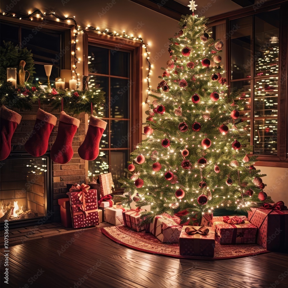 A festive christmas scene with a decorated tree Gifts And holiday lights Conveying warmth Joy And the holiday spirit