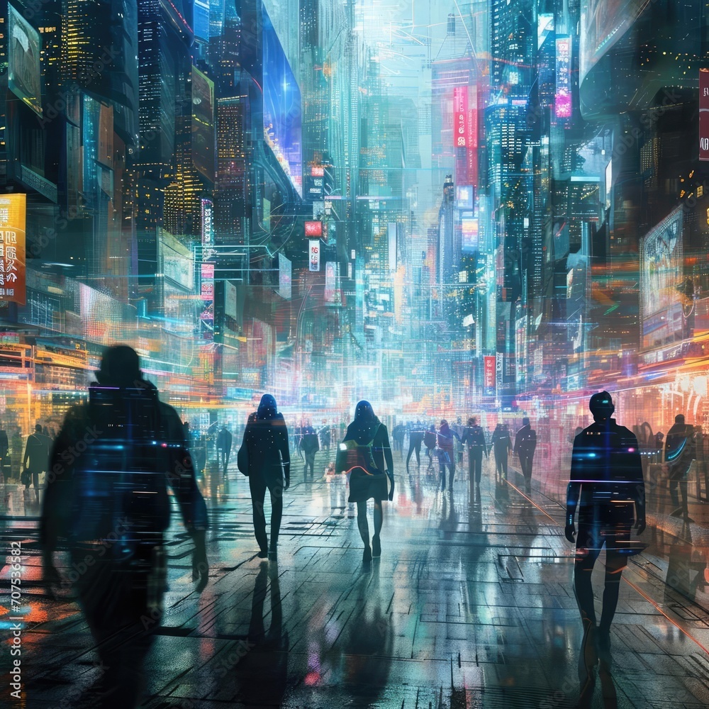 A futuristic cityscape with diverse people using advanced technology