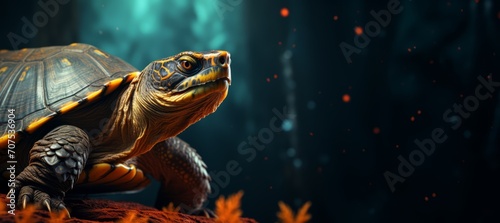 A turtle, depicted in a highly detailed digital artwork, is shown resting on a rock. photo