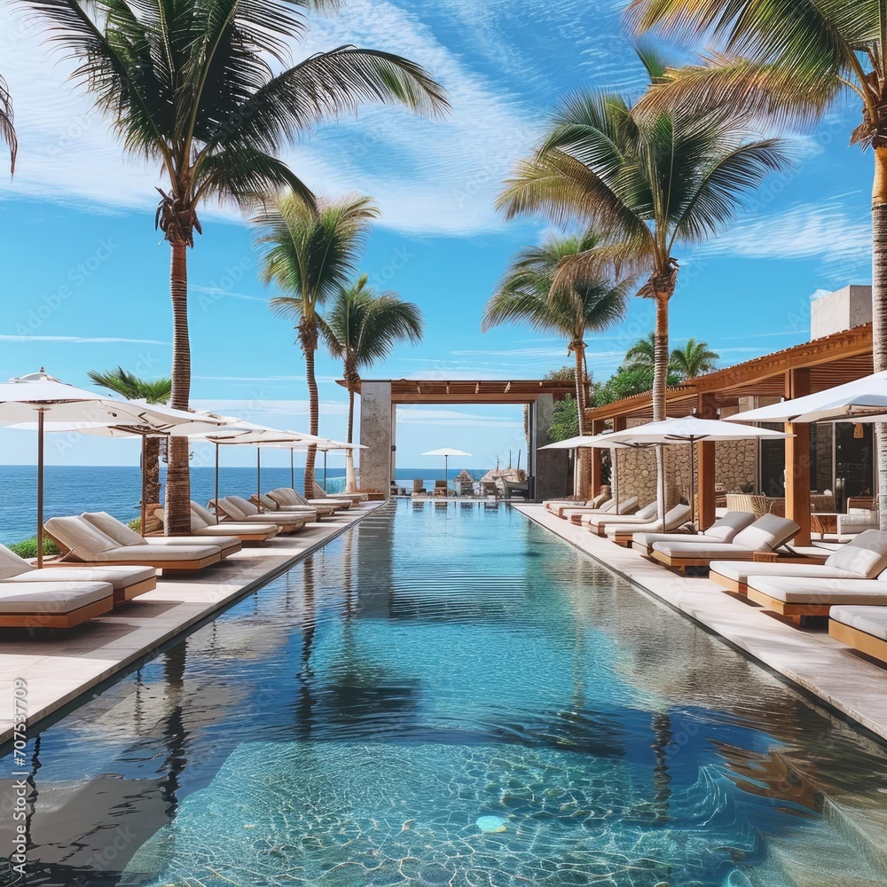 A luxurious beach resort with infinity pools Private cabanas And stunning ocean views Offering relaxation Leisure And a tropical paradise experience