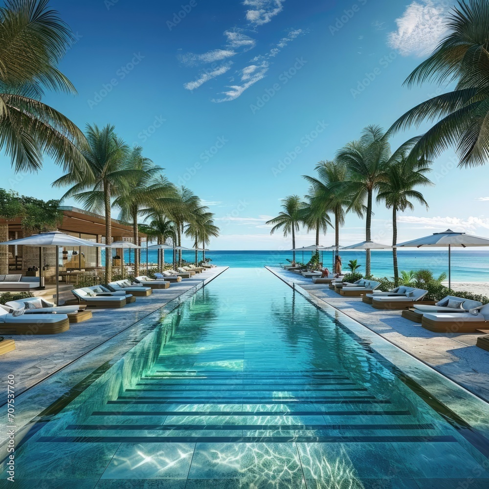 A luxurious beach resort with infinity pools Private cabanas And stunning ocean views Offering relaxation Leisure And a tropical paradise experience