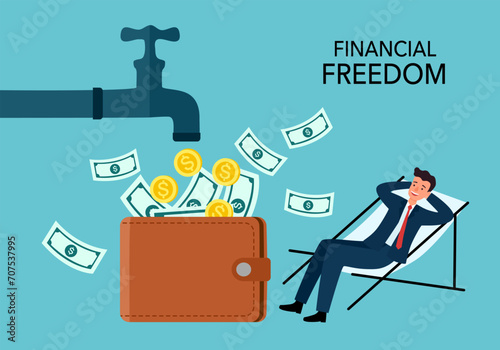 Relax businessman sit on the chair to see money faucet flow into wallet, passive income to reach financial freedom, earning money while you sleep or wealth increase without salary.