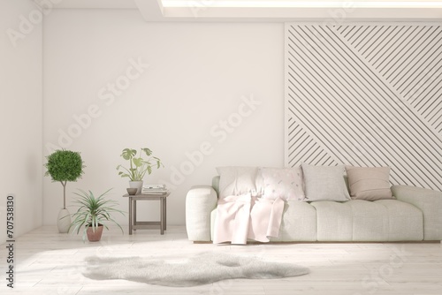Modern minimalist interior with sofa on empty white color wall background. Interior mockup. Scandinavian interior design. 3D illustration