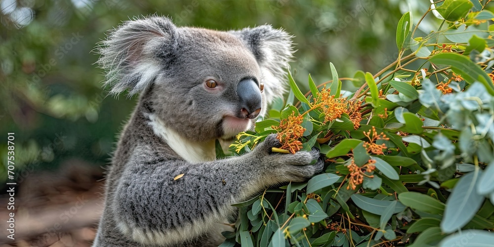 Fototapeta premium Koala Enjoying a Meal of Blossoming Eucalyptus in its Natural Habitat
