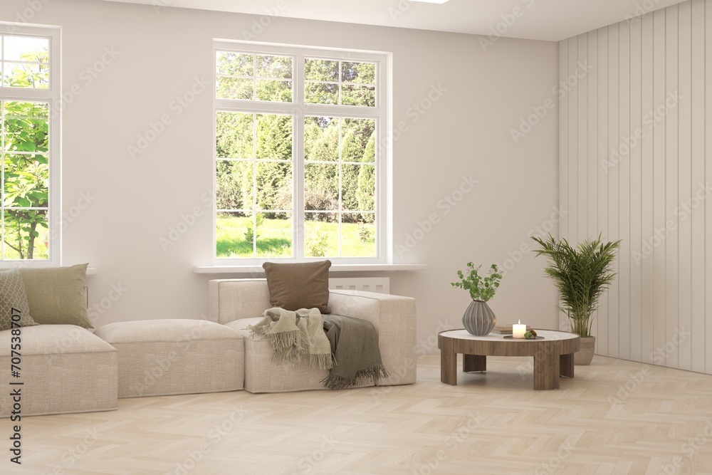 Contemporary classic white interior with furniture and decor and summer landscape in window. Scandinavian interior design. 3D illustration