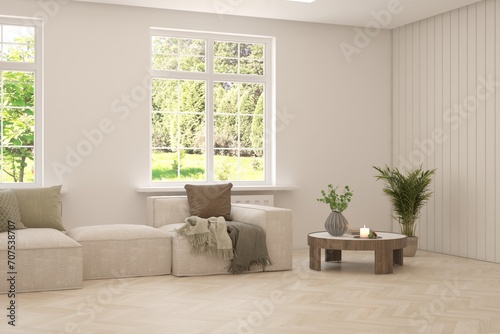 Contemporary classic white interior with furniture and decor and summer landscape in window. Scandinavian interior design. 3D illustration