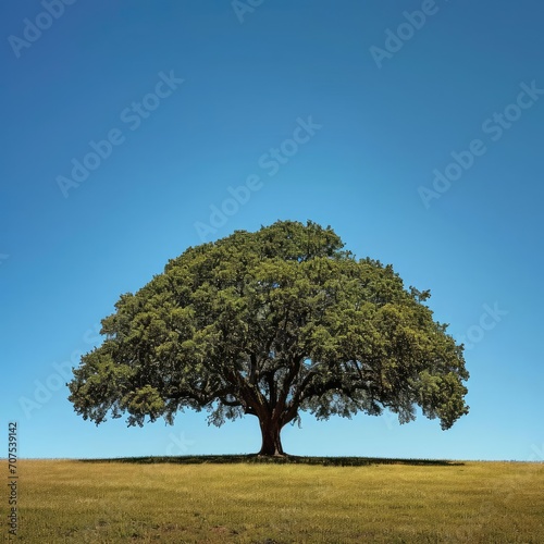 A single Majestic oak tree in a field under a clear blue sky