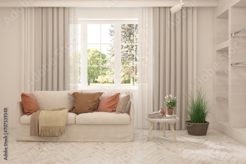 White living room with sofa and summer landscape in window. Scandinavian interior design. 3D illustration