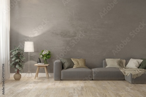 Fototapeta Naklejka Na Ścianę i Meble -  Modern minimalist interior with sofa on empty concrete wall background. Interior mockup. Loft interior design. 3D illustration