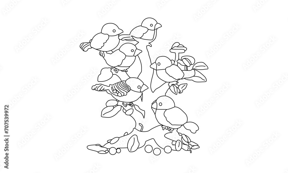 The bird is sitting on a tree branch drawing and illustration.