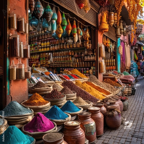 A traditional moroccan market (souk) in marrakech With vibrant stalls Exotic spices And local crafts Illustrating cultural commerce Traditional handicrafts And sensory richness photo