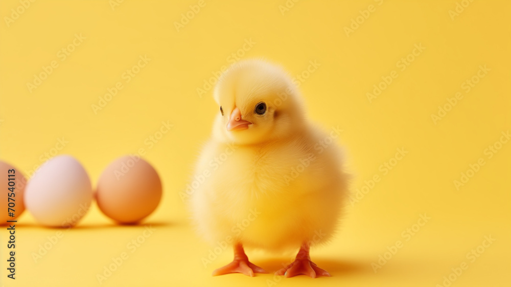 Small yellow chicken in a shell on a yellow background.