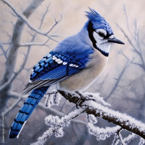 Bright blue jay perched on a frosty branch
