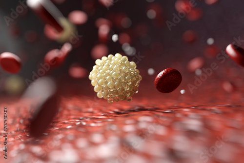 Fotografía Omega 3 Fatty acid molecules amid flowing red blood cells in arteries for cholesterol awareness, health, and supplement concepts