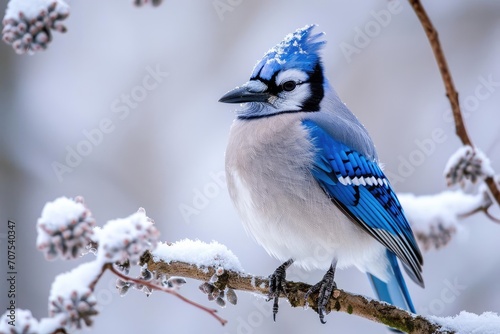Bright blue jay perched on a snowy branch © Jelena