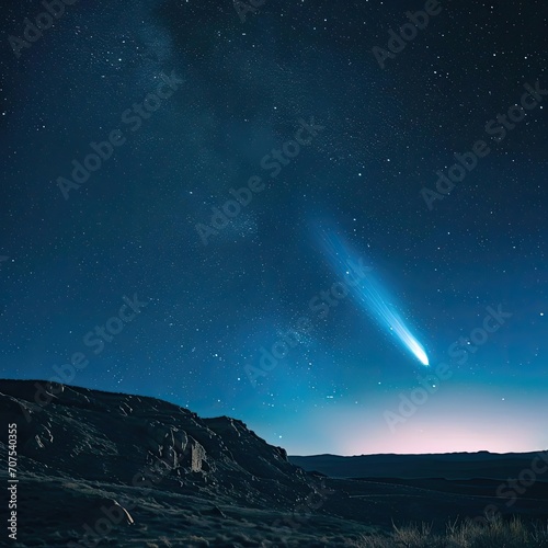 Bright comet streaking across a starry night sky