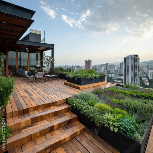 An eco-friendly urban rooftop garden with a panoramic city view