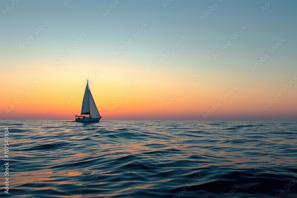 Dawn's first light breaking over a solitary sailboat at sea
