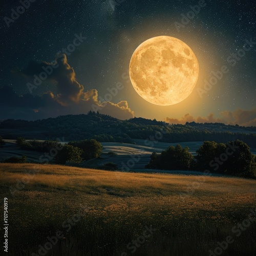 Bright full moon casting a soft glow over a peaceful countryside