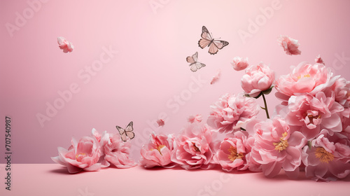 Flying peonies on a pink background as a holiday card with copy space, Women's Day, Mother's Day