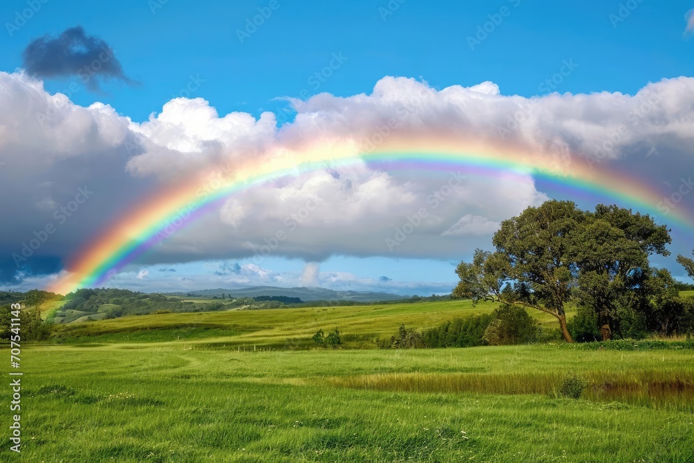 Brilliant rainbow arching over a serene countryside