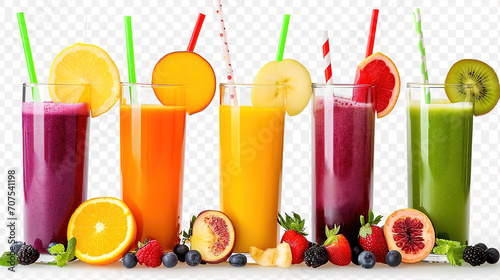 Freshly pressed Fruit vegetable juice smoothie with fruits veggie toppings on transparent background cutout. PNG file. Many assorted different flavour. Mockup template for artwork design photo