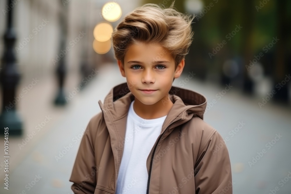 Portrait of a cute little boy with blond hair in a brown jacket Portrait of a cute little boy with blond hair in a brown jacket