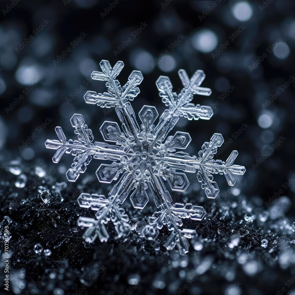Delicate snowflake on a dark surface Close-up Delicate snowflake on a dark surface Close-up