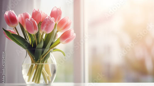 Bouquet of tulips in a vase on a background of a window with sunlight with copy space as a holiday card concept