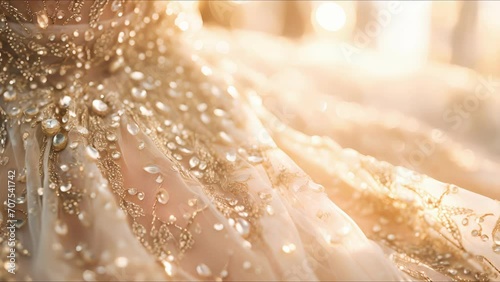 Closeup of the sparkling beading and intricate lacework on a designer dress from the latest collection. photo