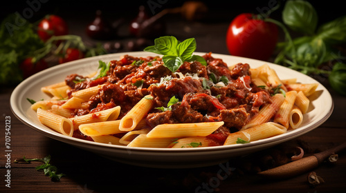 penne with meat tomato sauce and vegetables