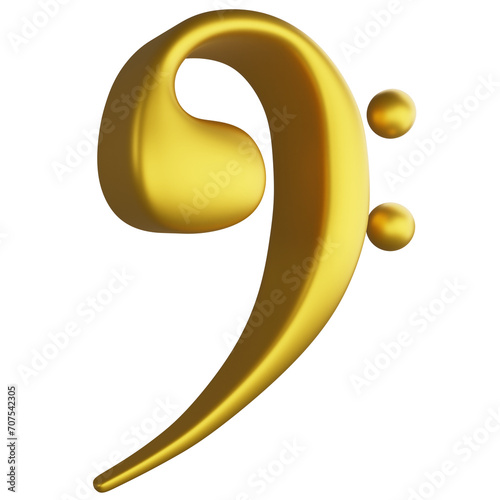 Bass clef or F clef note side view metallic gold clipart flat design icon isolated on transparent background, 3D render entertainment and music concept