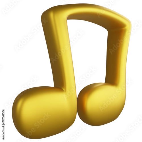 Two eighth notes side view metallic gold clipart flat design icon isolated on transparent background, 3D render entertainment and music concept