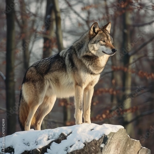 Lone wolf standing alert in a snowy forest landscape © Jelena
