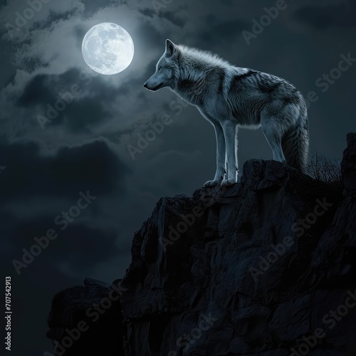 Lone wolf standing on a rocky cliff under the moonlight