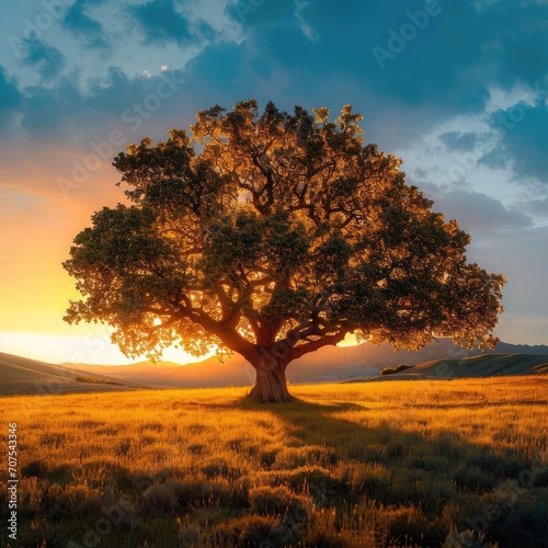 Lone majestic oak tree basking in golden sunset light