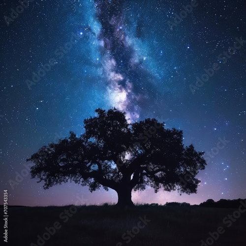 Lone majestic oak tree silhouetted against a starry night sky