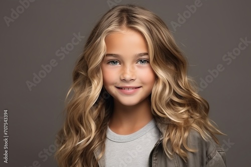 Portrait of a beautiful young girl with long wavy blond hair