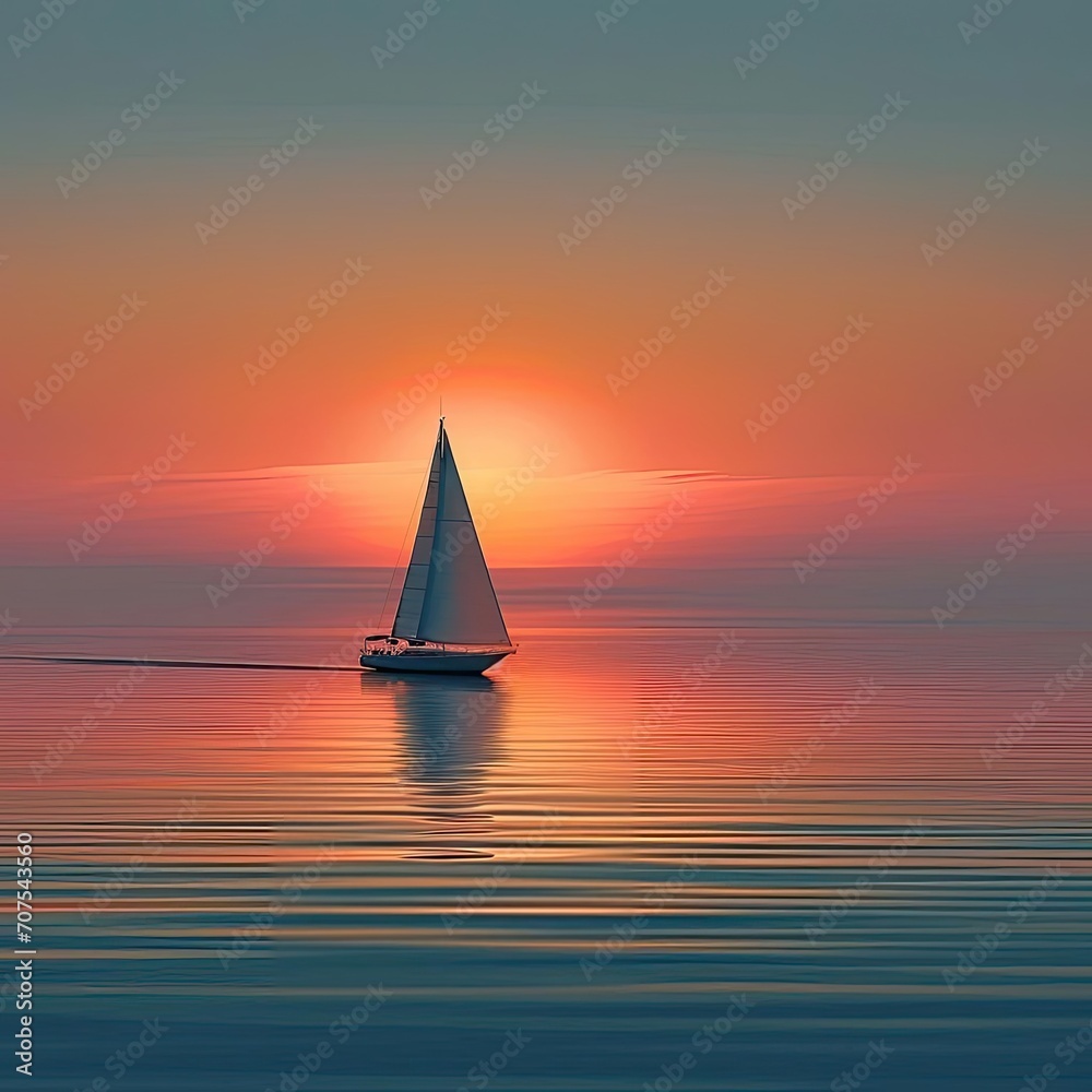 Lone sailboat on a calm sea at sunset